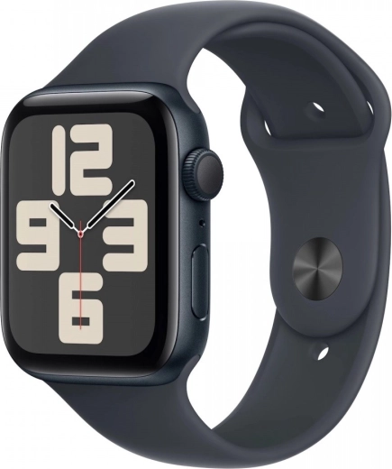 Apple Watch SE GPS, 44 mm, alumínium tok éjféli színben sportpánttal - méret S/M