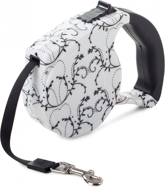 Automatic leash with locking function 5m, white with lilies
