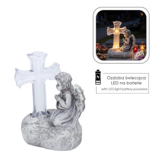 Decorazione cimiteriale LED con angelo in preghiera e croce