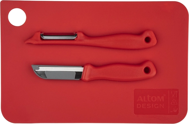 Red cutting board 24 × 16 cm with peeler and 6 cm vegetable knife