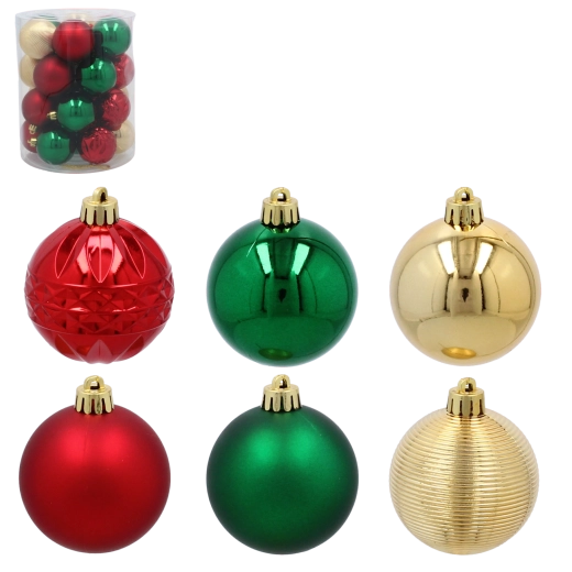 Set de boules de Noël 6 cm – 26 pièces, vert, or et rouge, boules en plastique incassables