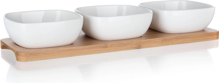 Servierset aus Porzellan mit Bambustablett BRILLANTE, 3 Schalen