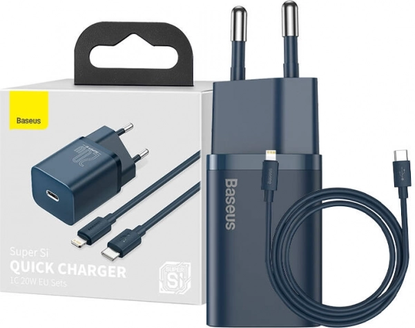 Baseus Super Si caricatore rapido 20 W con USB‑C + cavo USB‑C – Lightning 1 m (blu)