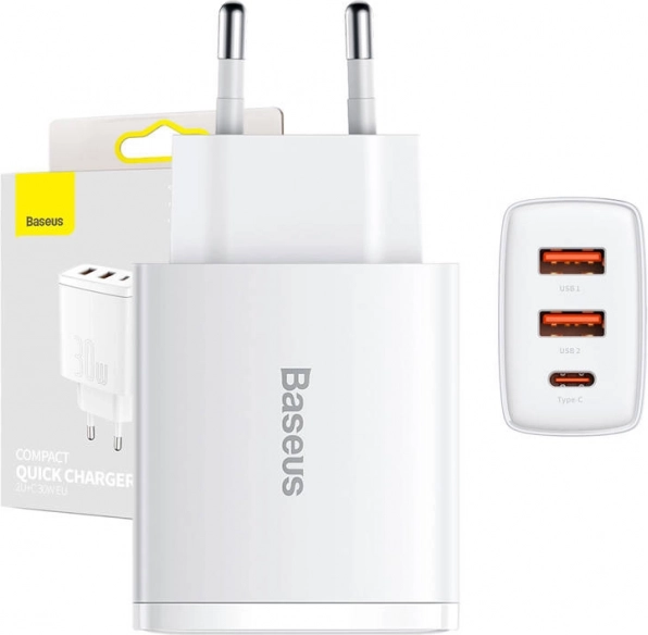 Baseus compact 30 W fast charger with USB‑C and 2× USB