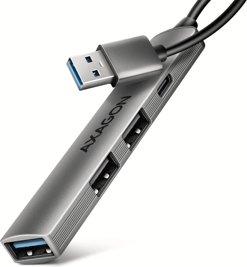 AXAGON HUE-STA hub USB in alluminio 4× porte (1× USB‑A 5 Gbps, 2× USB‑A 2.0, 1× USB‑C 2.0) con cavo da 12 cm