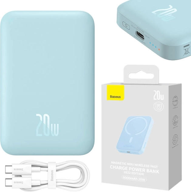 Baseus Magnetic Mini Power Bank 6000 mAh, 20W, USB‑C, MagSafe, blue