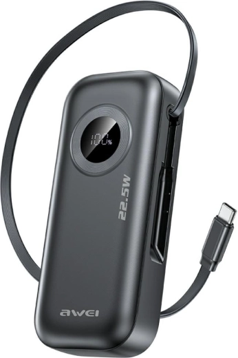 Powerbank Awei PA-9 10.000 mAh 22,5 W con cavo USB-C integrato nero