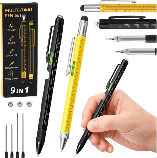 Set di penne multifunzione in metallo 9-in-1 con torcia LED, righello e cacciavite – gialla e nera, 2 pezzi