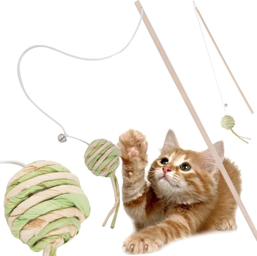 Interactive cat wand with ball and rattle