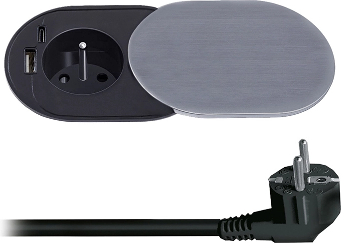 Solight built-in socket 230 V with USB-A and USB-C PD 20 W with sliding cover, 2 m, silver