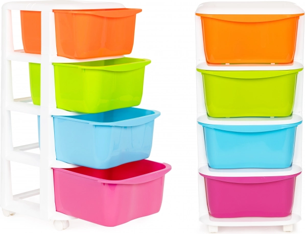Colorful plastic organizer with four drawers on wheels