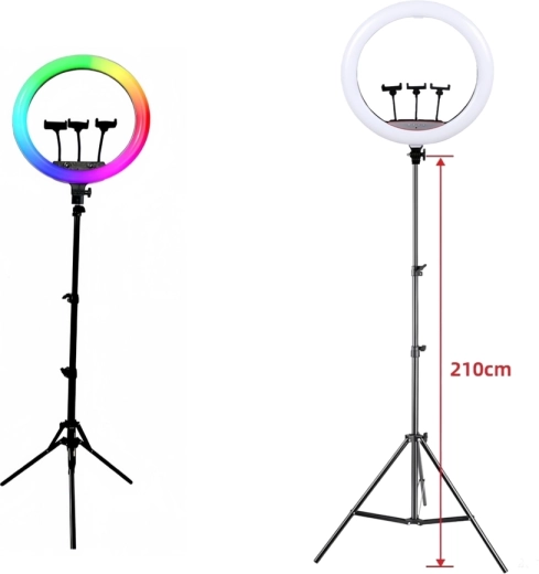 Luce ad anello LED RGB su treppiede con 3 supporti per telefono (45 cm)