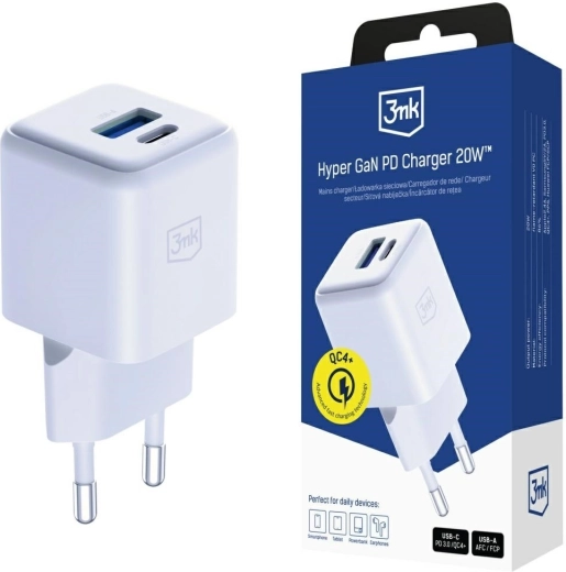 3mk Hyper GaN Netzladegerät 20 W USB-A und USB-C weiß