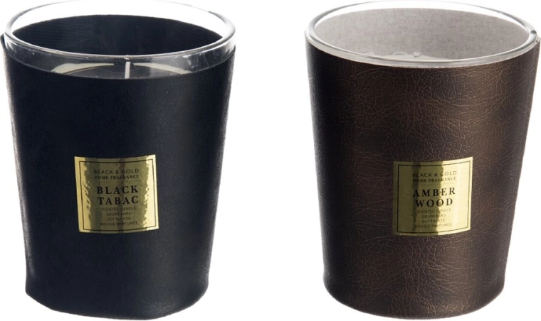 Candela profumata in vaso di vetro con elemento in pelle 385 g (2 varianti)