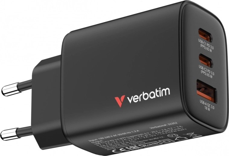 Chargeur secteur Verbatim Essentials GaN 65 W (2× USB‑C, 1× USB‑A, PD 3.0/QC 3.0) – EU