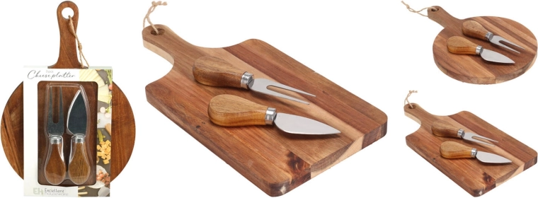 Planche à fromage en acier inoxydable et acacia avec couteau et fourchette