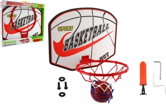 Wall-mounted basketball hoop with ball and pump