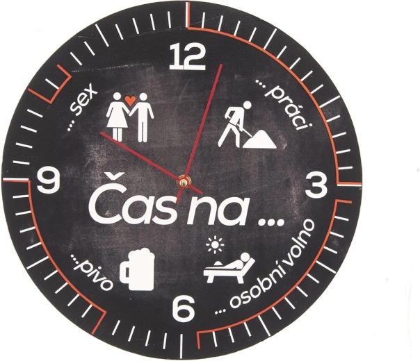 Zegar ścienny z materiału drewnianego z napisem „Czas na…”, 34 cm