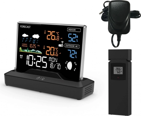 Stazione meteo wireless retroilluminata con LCD a colori, sensore esterno, termometro, barometro e orologio radiocontrollato
