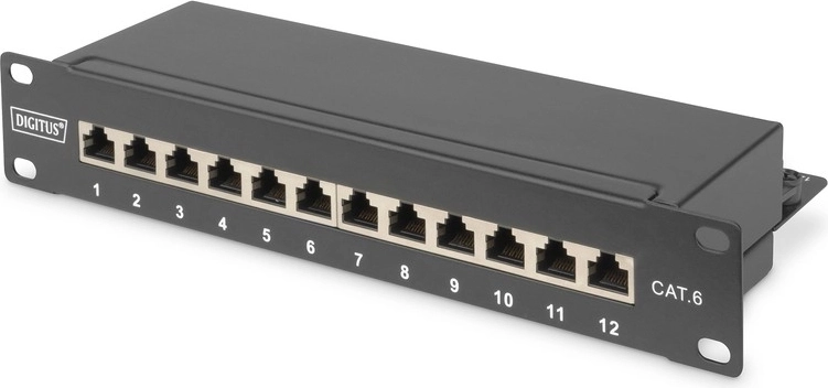Patch panel 10" 12 vrat CAT6 S/FTP 1U z upravljalnikom kablov – črn