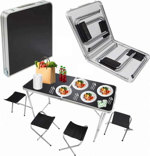 Set da campeggio pieghevole con tavolo e 4 sgabelli in valigetta