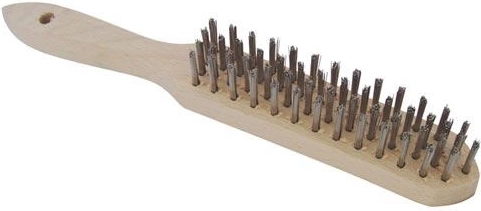 Brosse manuelle en fil inox avec manche en bois courbé