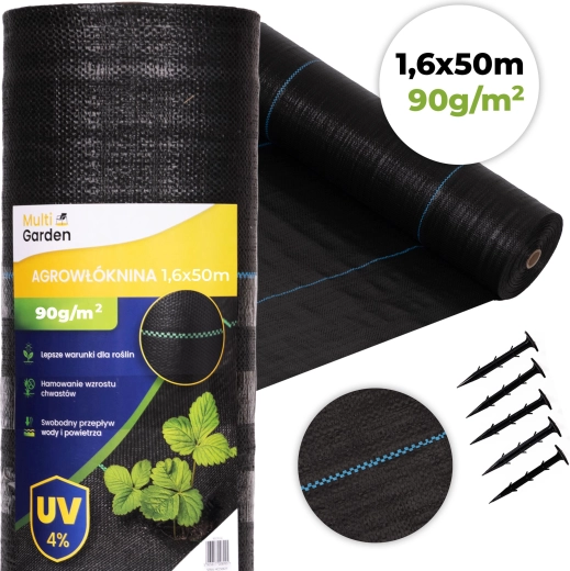 UV-resistant weed control ground cover 90 g/m², 1.6 × 50 m with pegs, MultiGarden