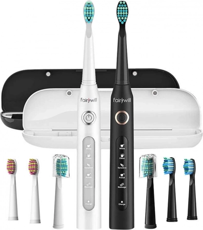 FAIRYWILL Sonic Toothbrush Twin Pack with Heads and Cases, Black/White