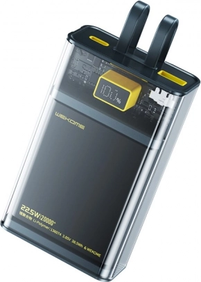 WEKOME Vanguard Series Power Bank 20000 mAh with built‑in USB‑C and Lightning cables, PD 20 W + QC 22.5 W (black/transparent)