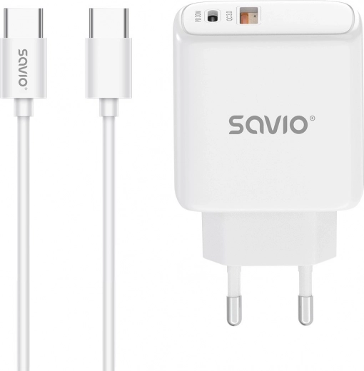 30W wall charger with USB‑C PD and USB‑A QC + USB‑C cable – Savio