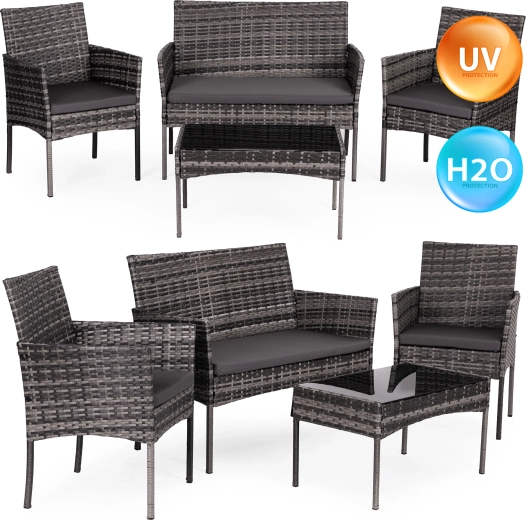 Salon de jardin en résine tressée pour 4 personnes, banc, table et fauteuils, gris MULTIGARDEN
