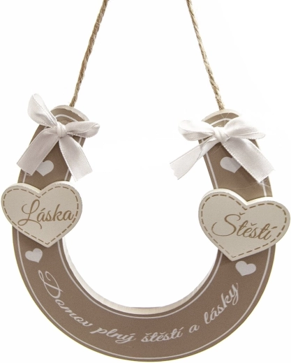 Decorazione in legno a ferro di cavallo beige con scritta «Casa piena di…» 14 × 14 cm