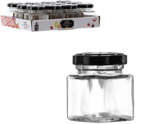 Kwadratowy słoiczek 50 ml z czarną metalową zakrętką - 1 sztuka