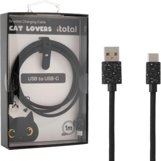 Cavo di ricarica USB‑C con gatto nero e fascetta in silicone per regolare la lunghezza