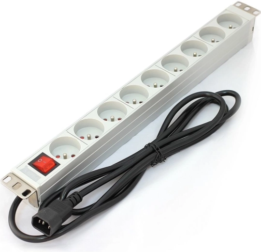 PDU strip for 19" rack, 9× Type E outlets, 2 m C14 cable, 10 A, switch, aluminum