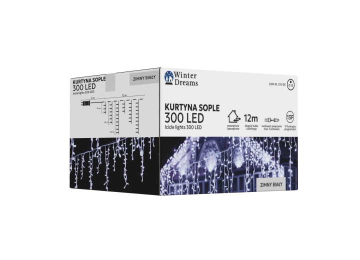 LED icicle light curtain, 300 LEDs, cool white, 12 m