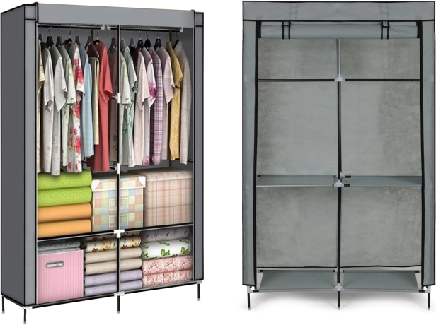 Armadio guardaroba in tessuto con ripiani e aste per abiti MODERNHOME, grigio, 106 × 43,5 × 174 cm