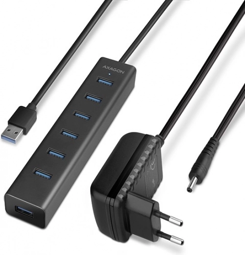 USB 3.2 Gen 1-hub AXAGON met 7 poorten en opladen, aluminium, met adapter