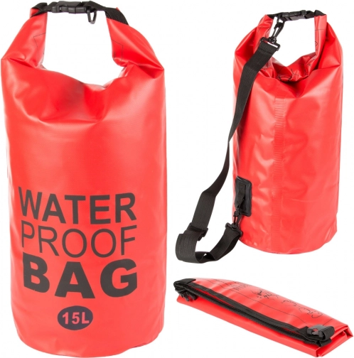 Waterproof dry bag 15 L with roll-top closure and strap – red