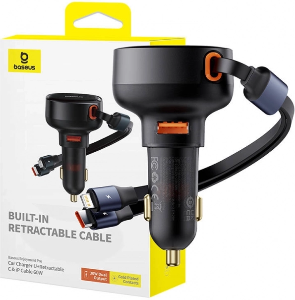 BASEUS Enjoyment 60 W car charger with USB, USB‑C and Lightning, black