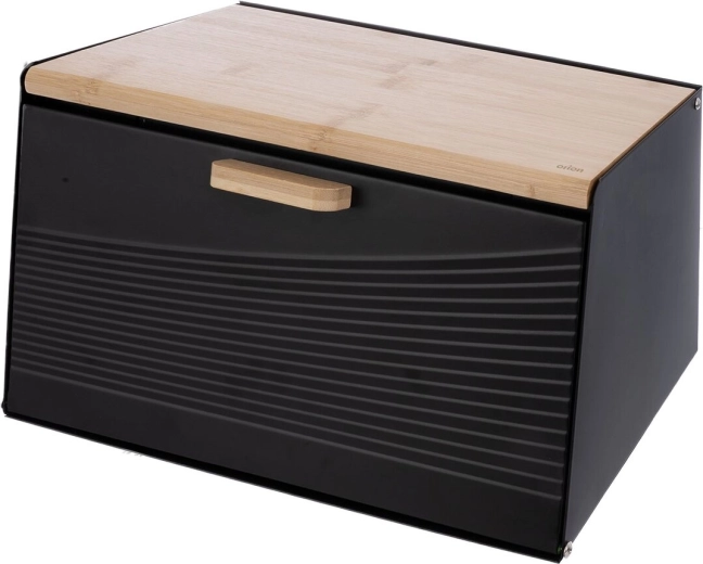 Black metal and bamboo bread box