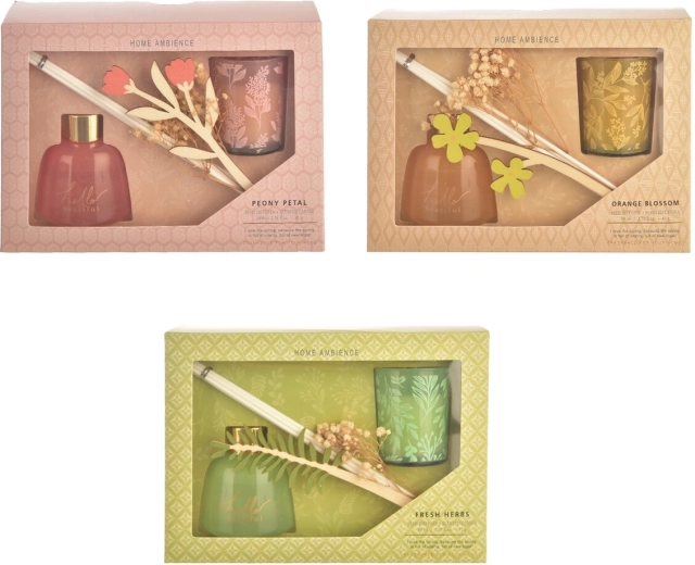 Set regalo: diffusore di aromi con bastoncini e candela profumata (3 varianti)