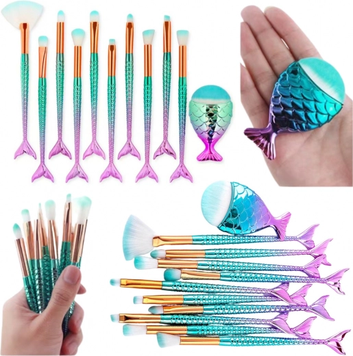Set of Rainbow Makeup Brushes in the Shape of a Mermaid Tail, 11 pcs
