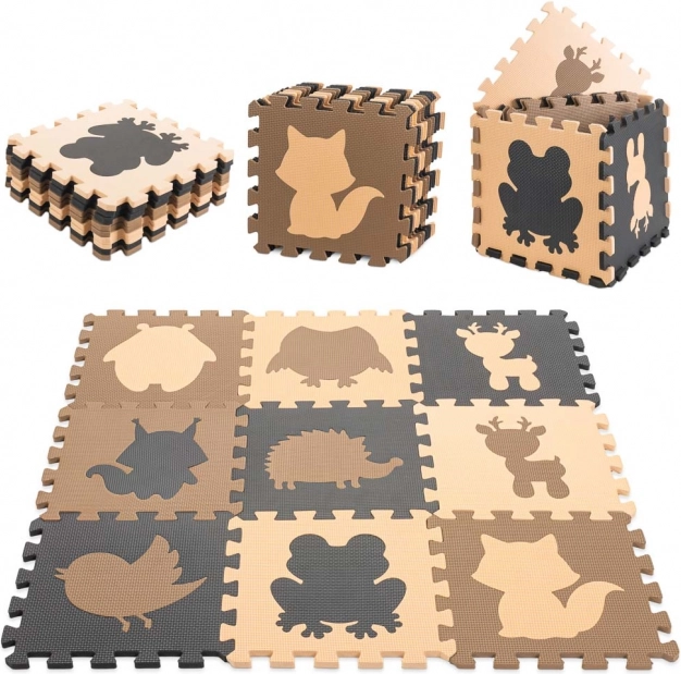 Educational foam puzzle mat with animals, beige, 85 × 85 cm, 9 pieces