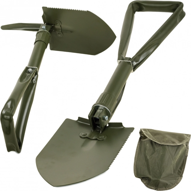 Folding multifunctional shovel with pickaxe in a case