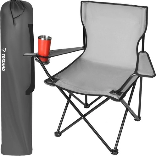 TRIZAND folding fishing chair with carry bag and cup holder, gray