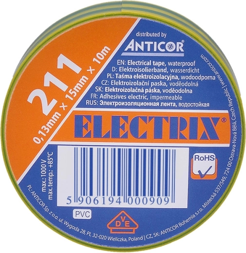 Nastro isolante elettrico Solight 15 mm x 0,13 mm x 10 m giallo-verde