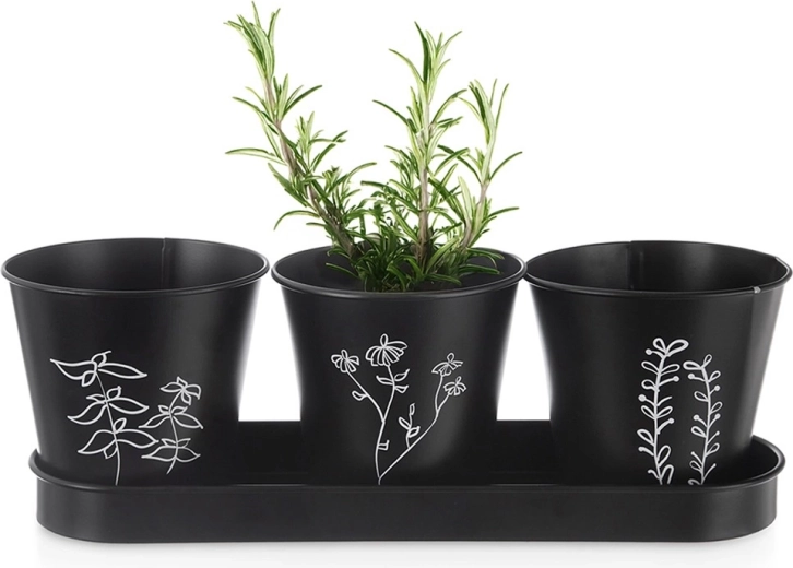 Set di vasi per erbe aromatiche con sottovaso Blackline, 4 pezzi