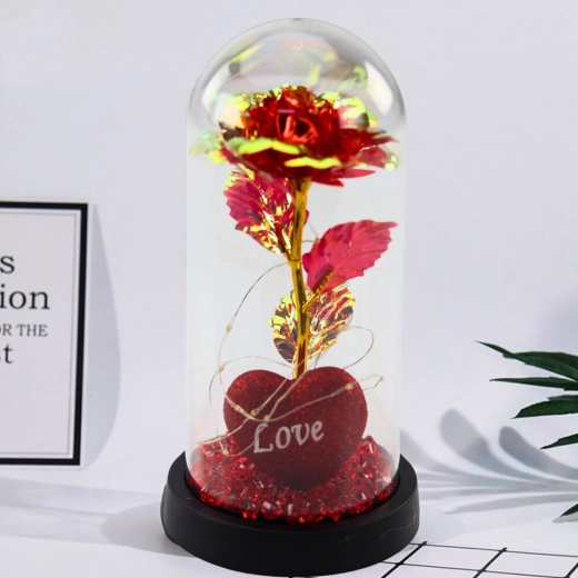Eternal rose in a dome with LED lighting, heart and beads red 21x11 cm