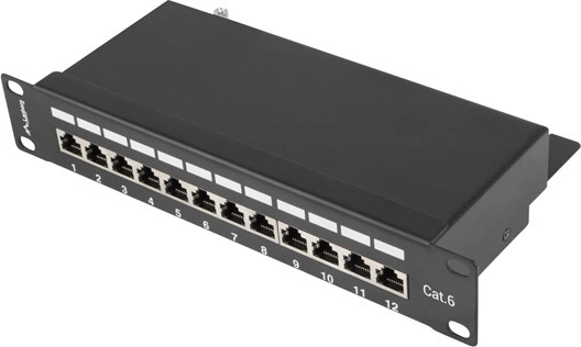 Patch panel 12 porte 1U per rack 10'', categoria 6, schermato, nero